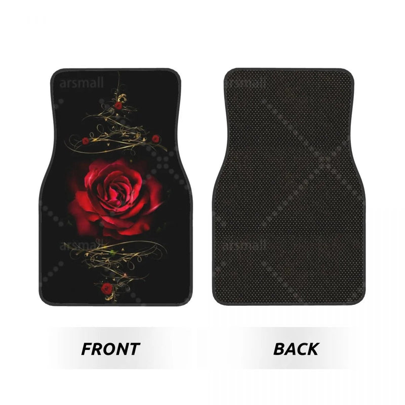 Tapis de sol voiture motif rose rouge sur fond noir, jeu de 4 pièces