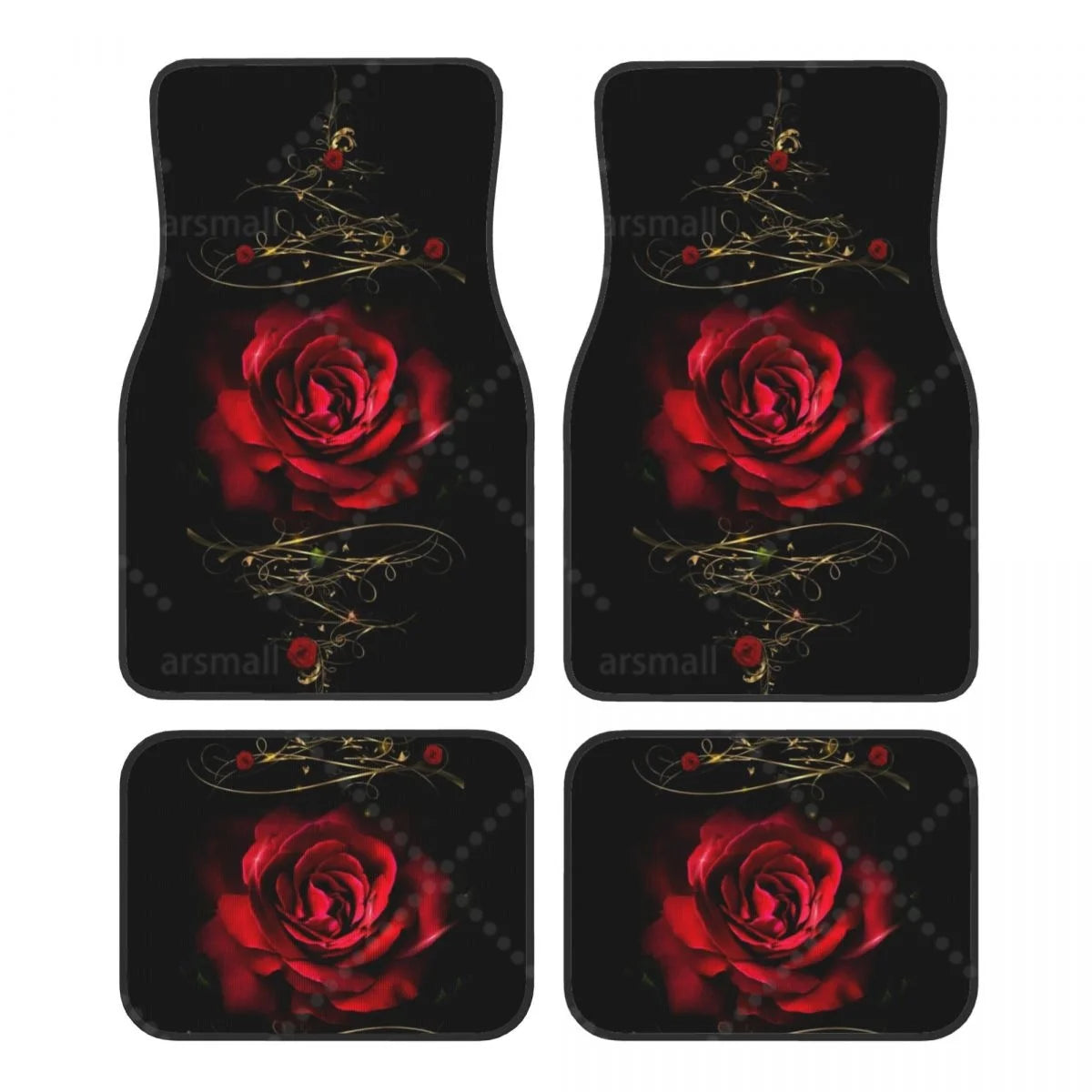 Tapis de sol voiture motif rose rouge sur fond noir, jeu de 4 pièces