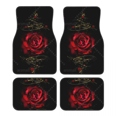 Tapis de sol voiture motif rose rouge sur fond noir, jeu de 4 pièces