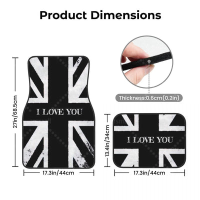 Dimensions du tapis de sol voiture Union Jack : avant 68,5 x 44 cm, arrière 44 x 34 cm