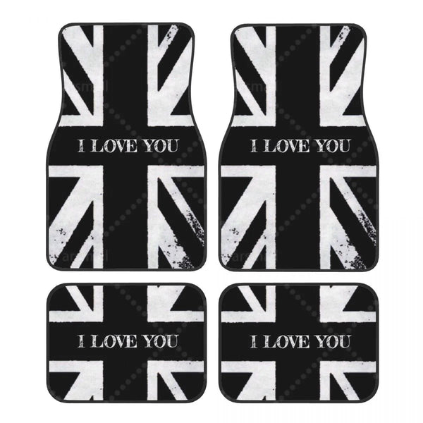Tapis de sol voiture Union Jack noir et blanc avec mention I Love You, jeu de 4 pièces