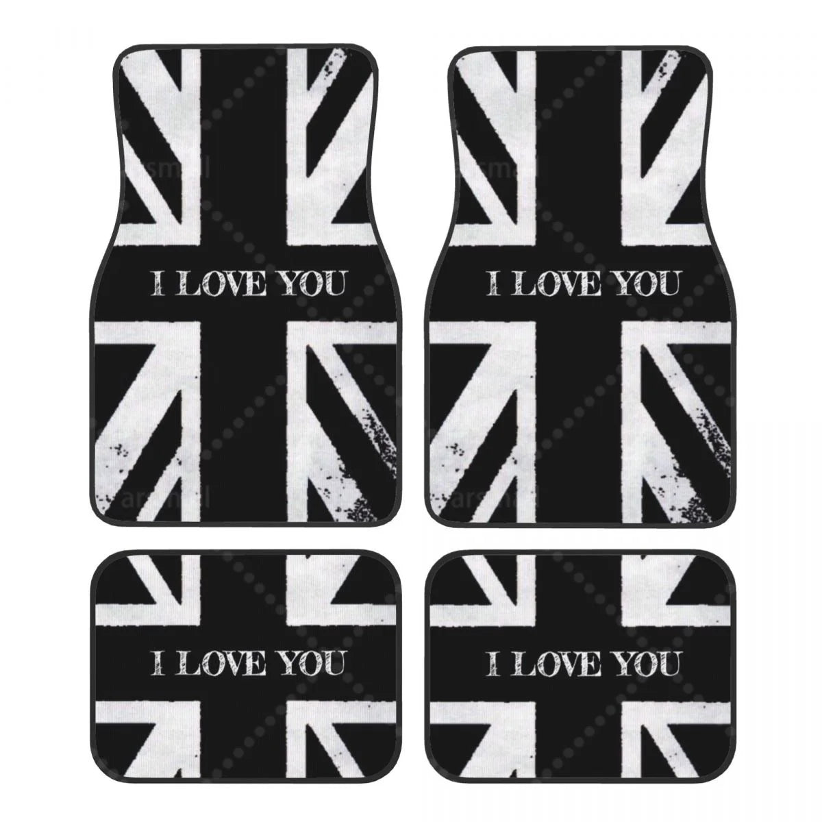 Tapis de sol voiture Union Jack noir et blanc avec mention I Love You, jeu de 4 pièces