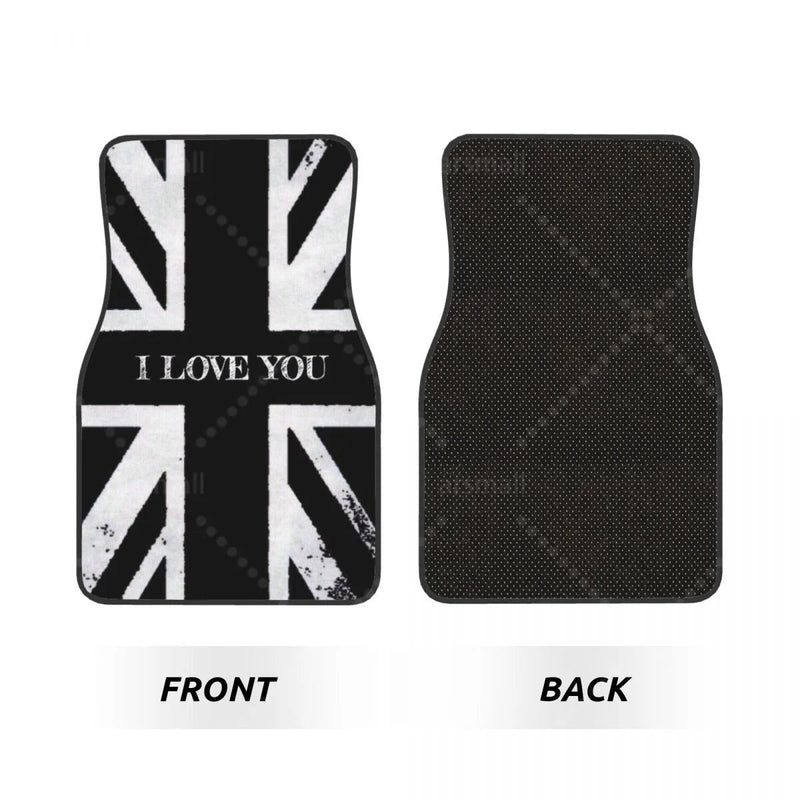 Tapis de sol voiture Union Jack noir et blanc avec mention I Love You, jeu de 4 pièces