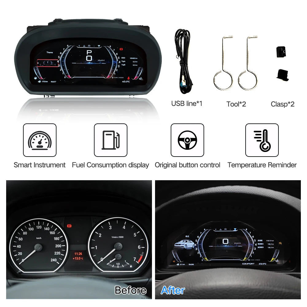 Contenu du colis du compteur digital BMW Série 1 E87 : câble USB, deux clés d'extraction et deux clips, avec l'avant/après du combiné