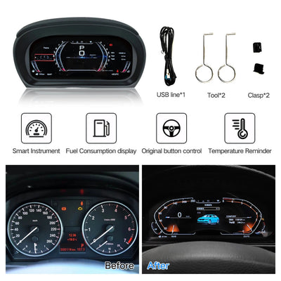 Accessoires fournis avec le virtual cockpit BMW série 3 : câble USB, deux clés d'extraction et deux clips, avec un avant/après du combiné