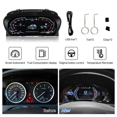 Accessoires du virtual cockpit BMW X5 X6 : câble USB, deux clés d'extraction et deux clips, avec l'avant/après du combiné