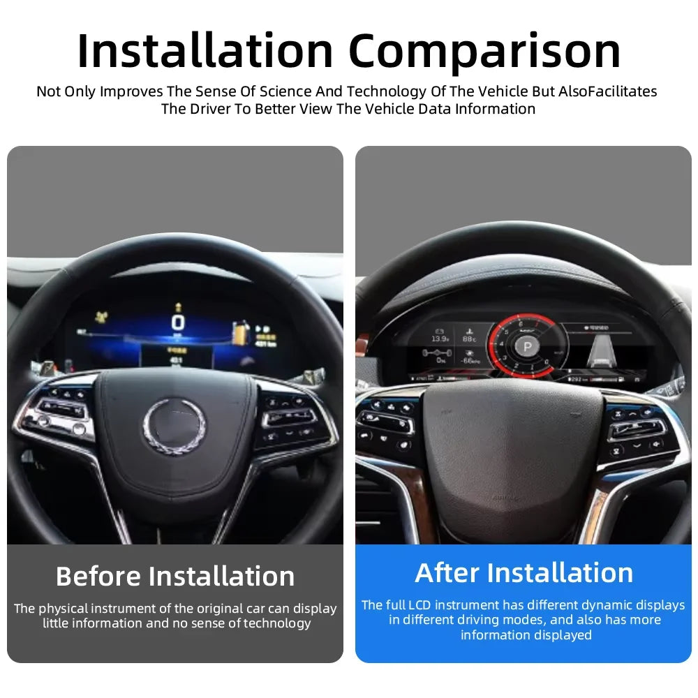 Combiné Cadillac avant et après pose du compteur digital, instruments d'origine remplacés par l'écran LCD