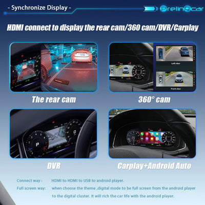 Affichages reportés sur le virtual cockpit Golf 5 via HDMI : caméra de recul, vue 360°, enregistrement vidéo et CarPlay
