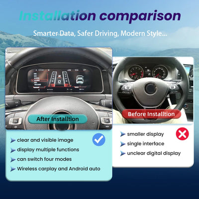 Comparaison avant/après du virtual cockpit Golf 7 : combiné d'origine à aiguilles puis dalle numérique à quatre modes