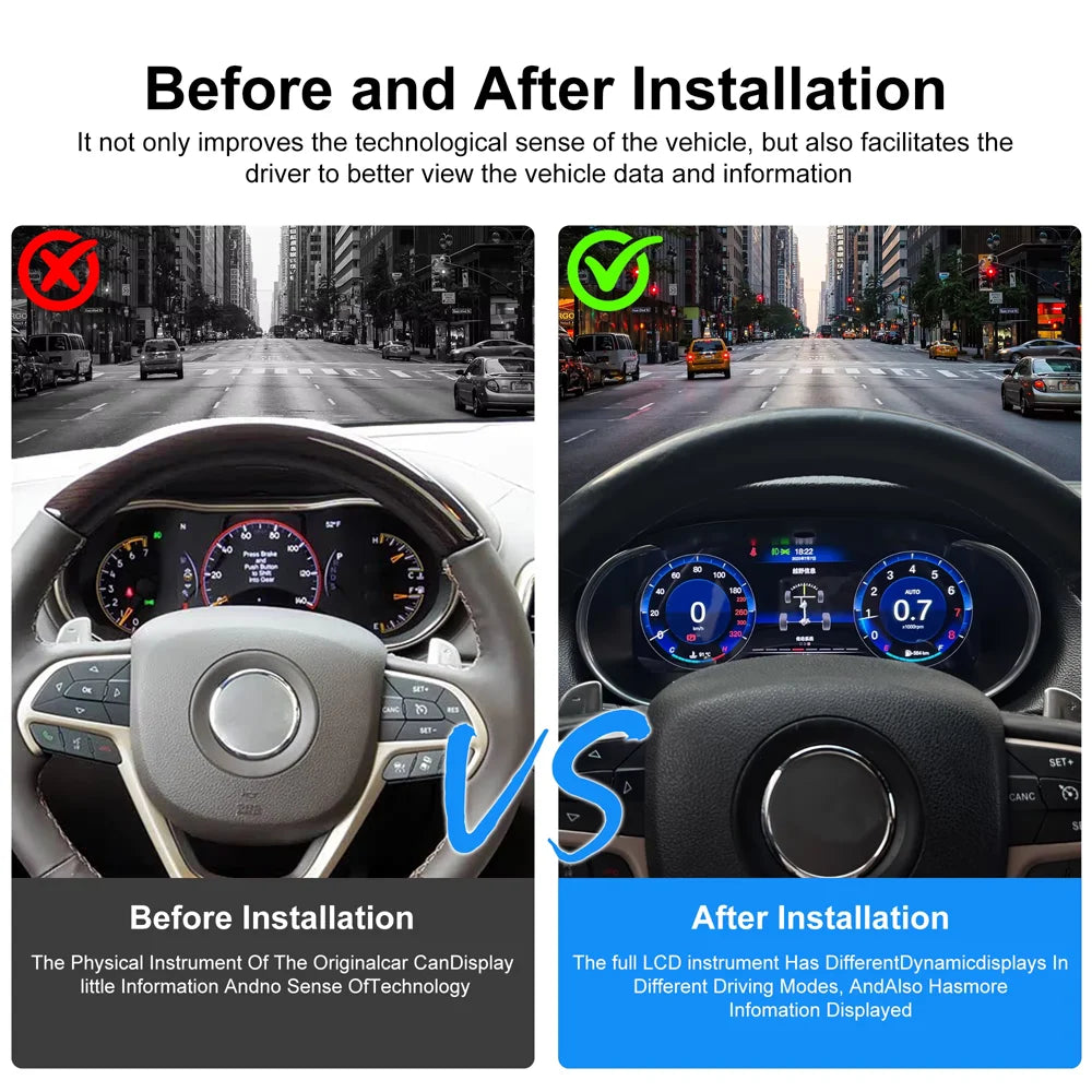 Combiné Jeep Grand Cherokee avant et après pose du compteur digital, cadrans à aiguilles remplacés par l'écran LCD