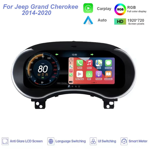 Virtual cockpit Jeep Grand Cherokee 2014-2020 affichant CarPlay à côté du compteur, dalle 1920 x 720 anti-reflet