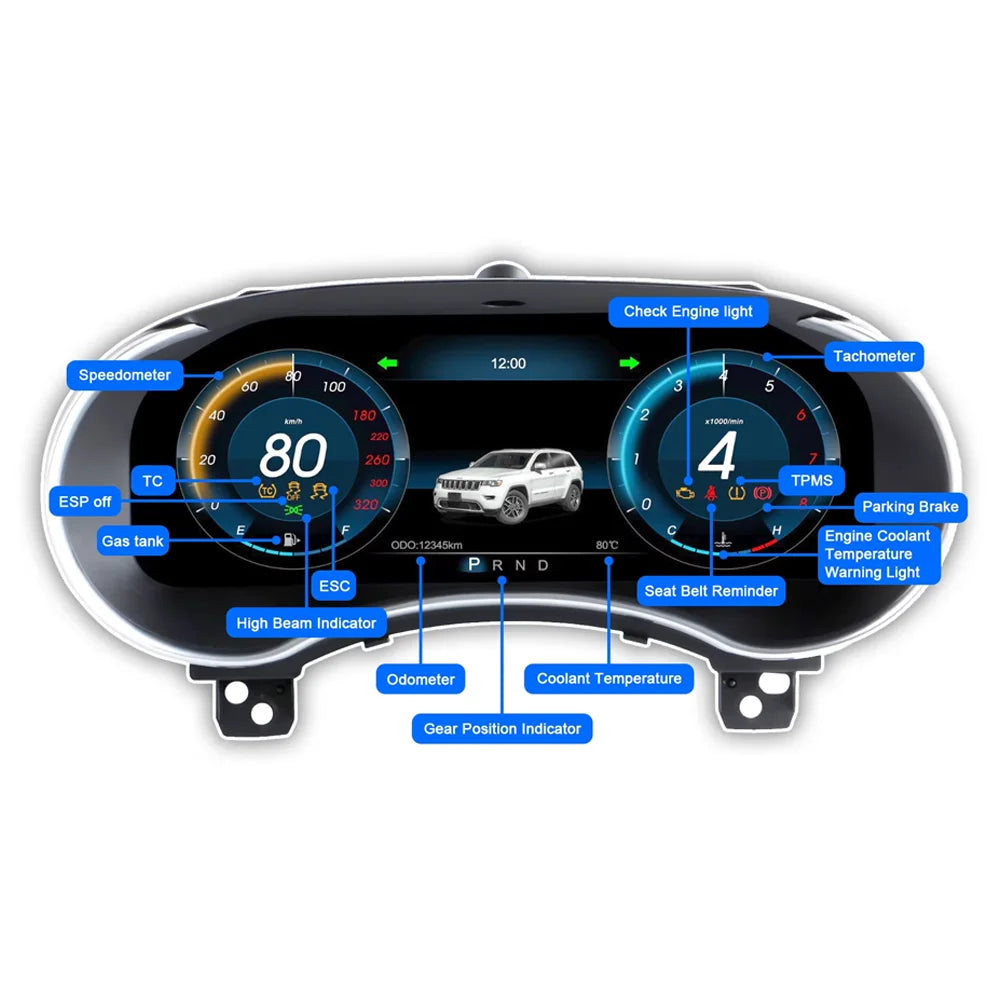 Informations du compteur digital Jeep Grand Cherokee : vitesse, compte-tours, température moteur, TPMS, rapport engagé et témoins