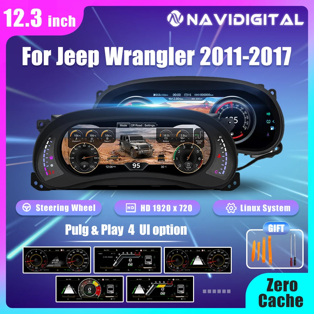Caractéristiques du compteur digital Jeep Wrangler JK : dalle 12,3 pouces 1920 x 720, commandes au volant et quatre interfaces