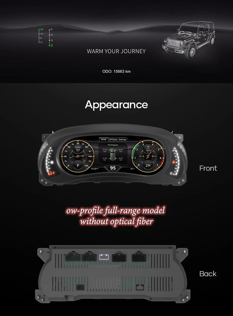 Virtual cockpit Jeep Wrangler JK vu de face avec la page pression des pneus, et de dos avec ses connecteurs