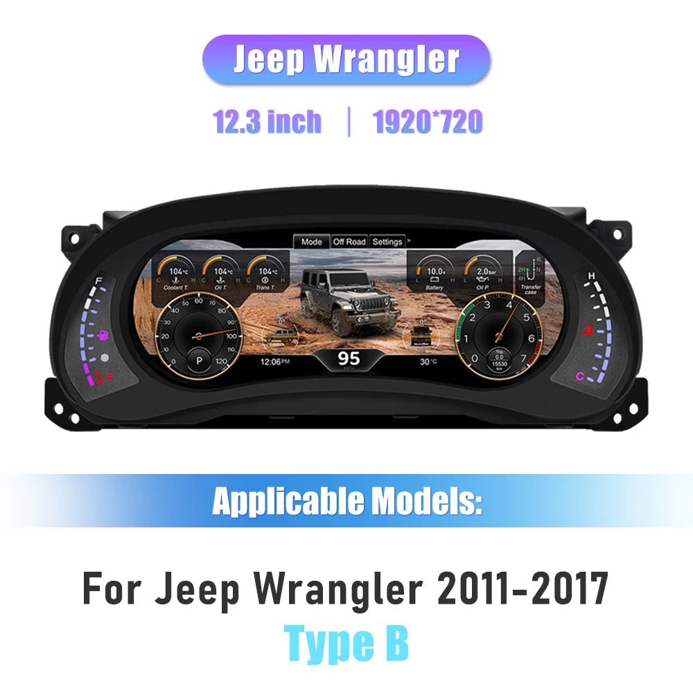 Virtual cockpit Jeep Wrangler JK version Type B, page tout-terrain avec températures moteur, boîte, pont et pression d'huile