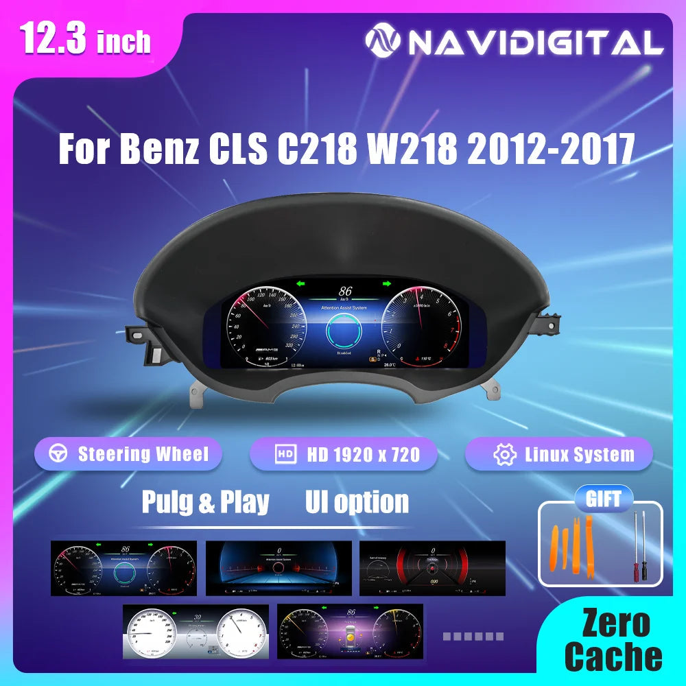 Caractéristiques du compteur digital Mercedes CLS : commandes au volant, dalle HD, système Linux et outils de pose fournis