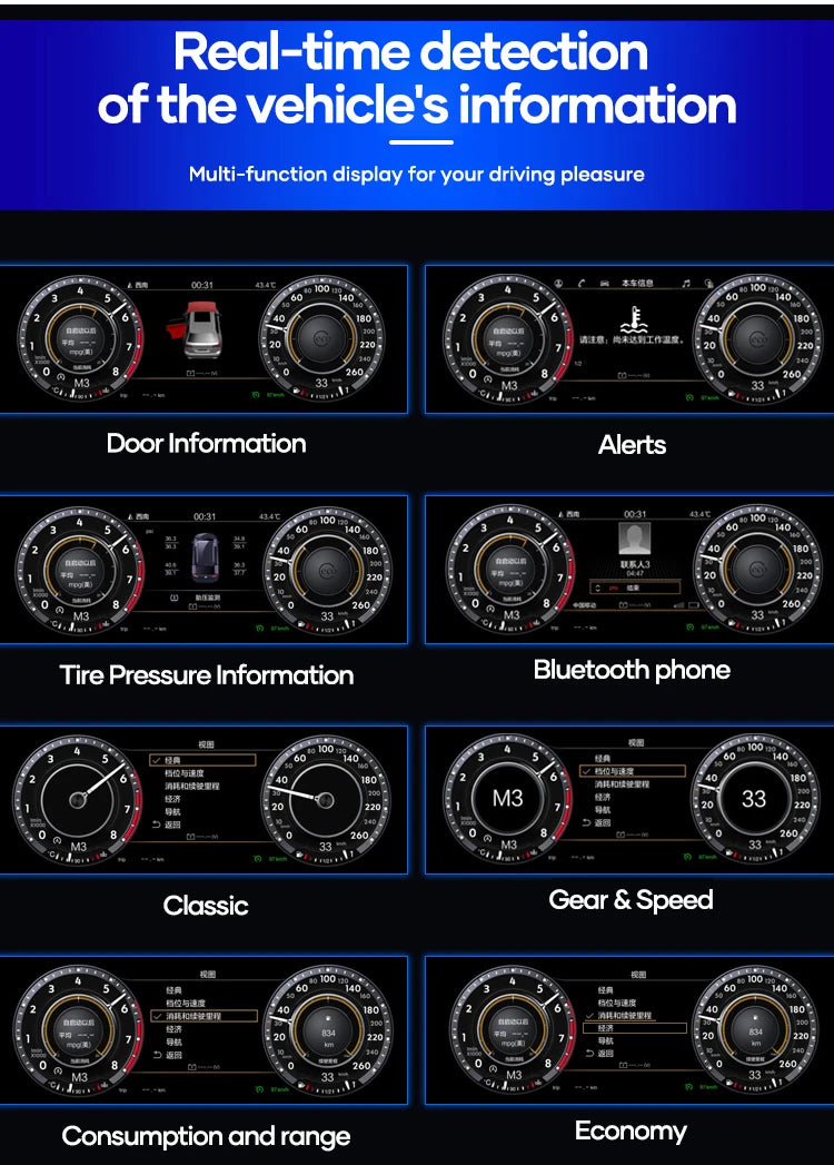Affichages du virtual cockpit Seat Ibiza 6J : portes ouvertes, alertes, pression des pneus, téléphone Bluetooth, consommation et autonomie
