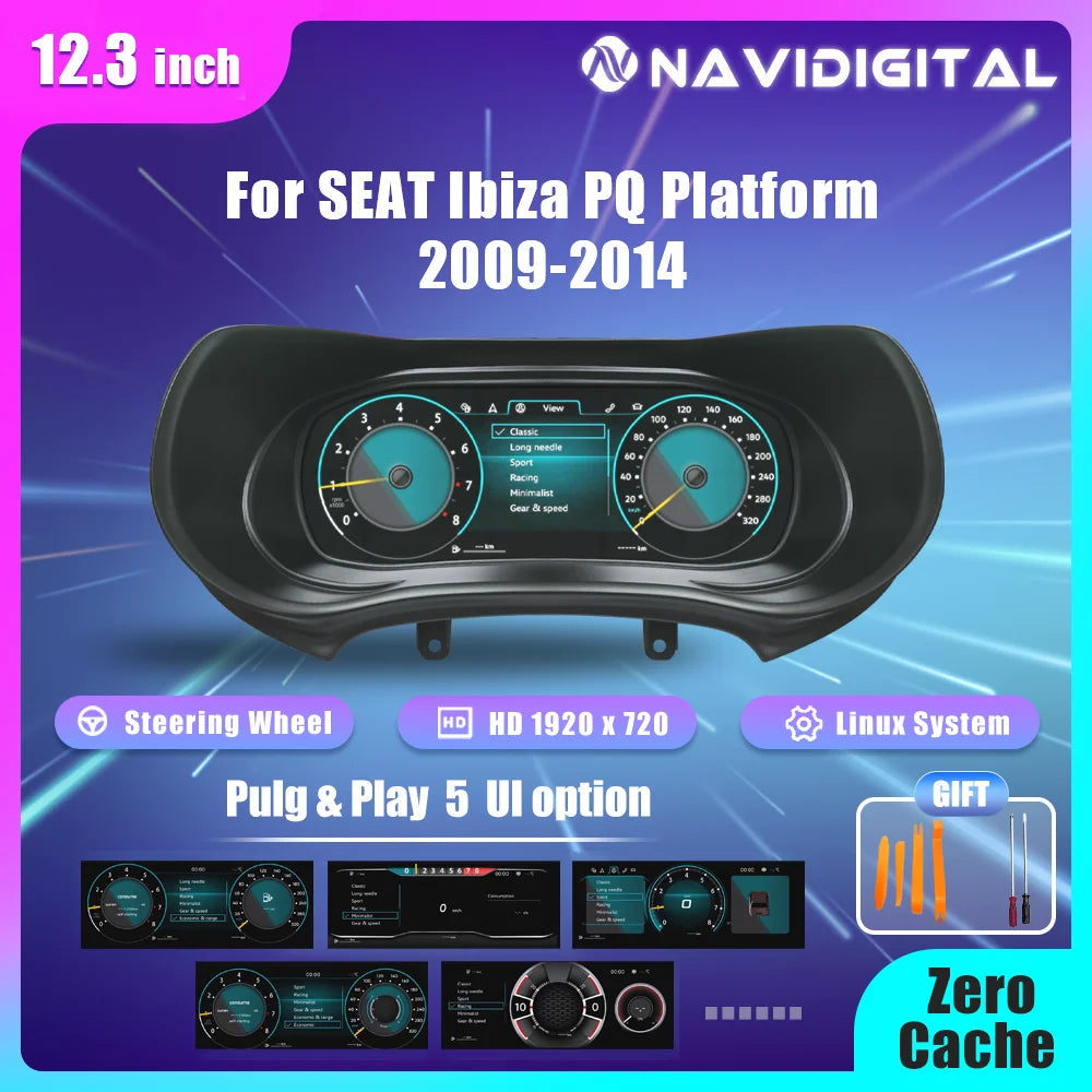 Caractéristiques du compteur digital Seat Ibiza 6J : commandes au volant, dalle HD, système Linux et outils de démontage fournis