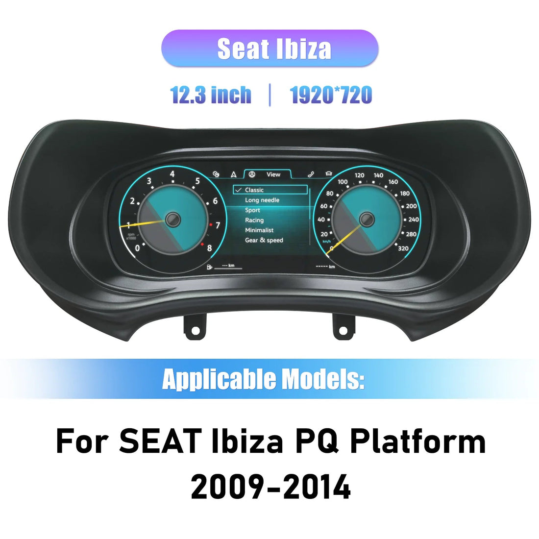 Virtual cockpit Seat Ibiza 6J plateforme PQ 2009-2014, dalle 12,3 pouces 1920 x 720 avec le menu des six thèmes