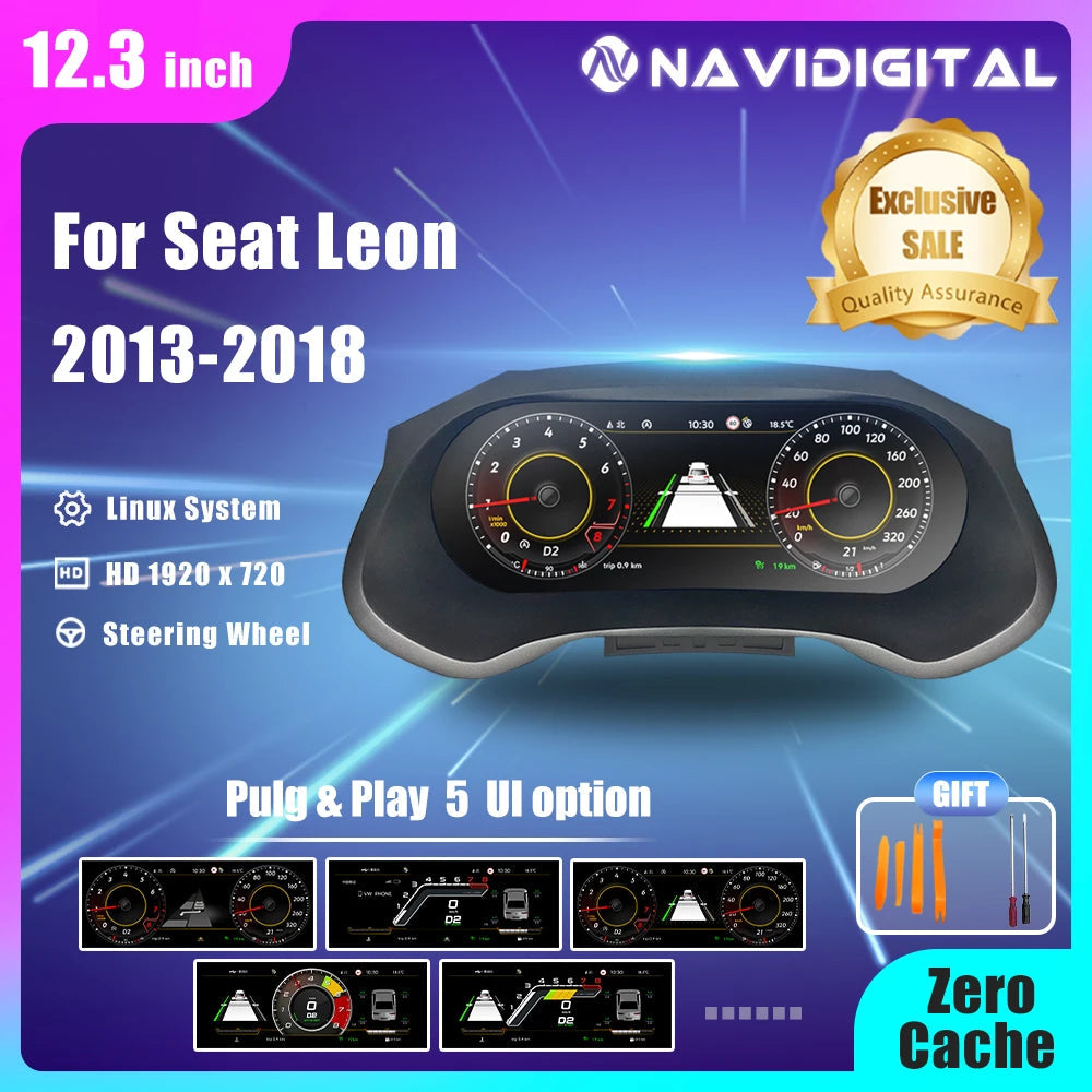 Caractéristiques du compteur digital Seat Leon 5F : système Linux, dalle HD 1920 x 720, commandes au volant et outils fournis