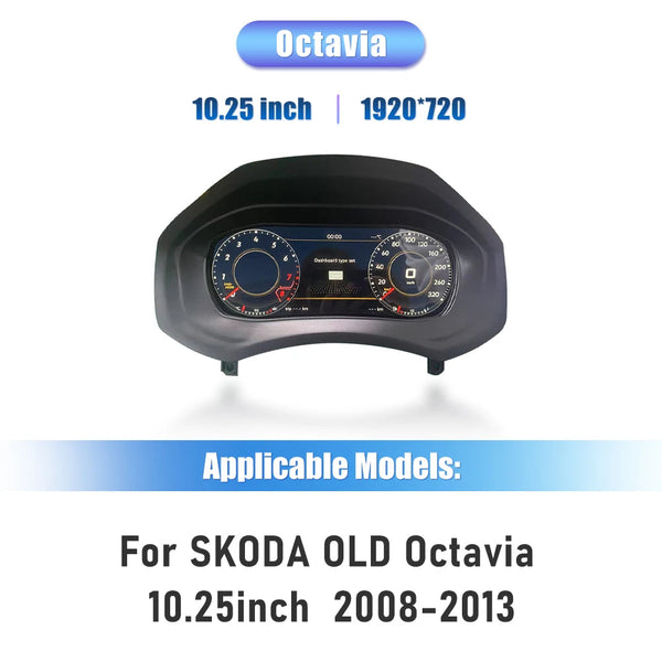 Virtual cockpit Skoda Octavia 2 de 2008 à 2013, dalle 10,25 pouces en 1920 x 720 vue de face
