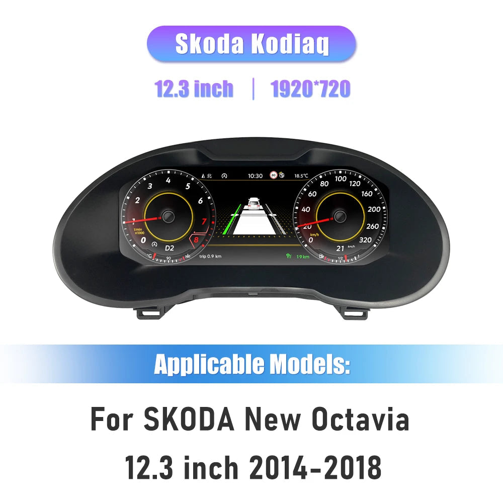 Virtual cockpit Skoda Octavia 3 de 2014 à 2018, dalle 12,3 pouces affichant compte-tours, vue de route et compteur numérique