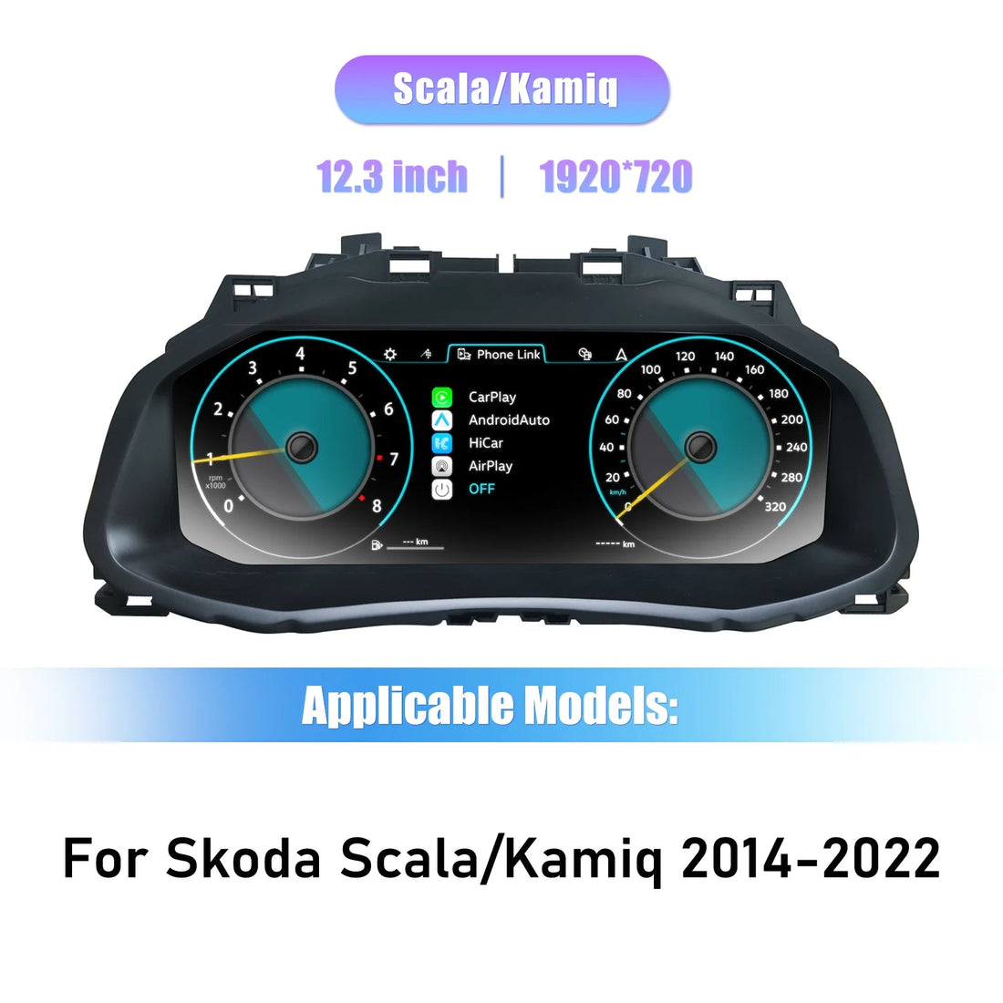 Virtual cockpit Skoda Scala : dalle 12,3 pouces 1920 x 720 vue de face