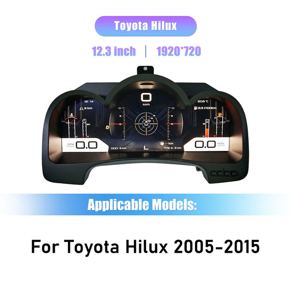 Virtual cockpit Toyota Hilux 2005-2015 vu de face, dalle 12,3 pouces 1920 x 720 dans sa casquette d'instruments
