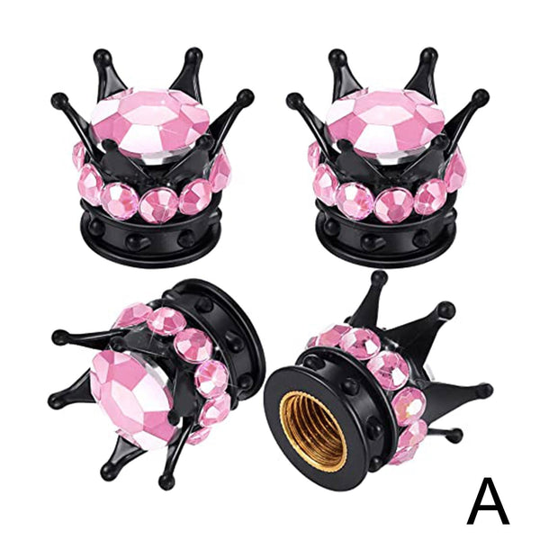 Bouchon de valve en forme de couronne noire sertie de strass roses, lot de 4