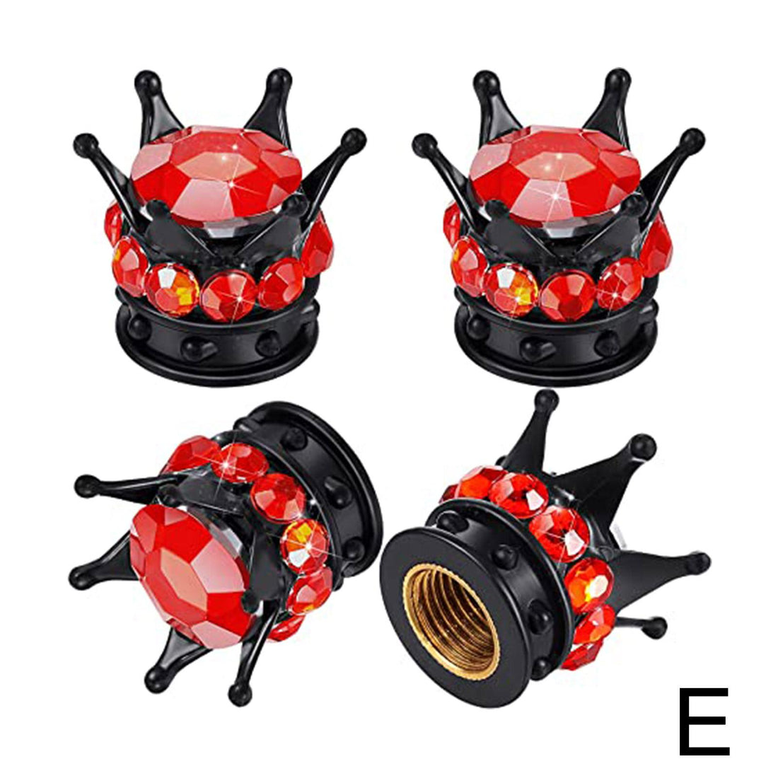 Bouchon de valve couronne noire sertie de strass rouges, pierre centrale à facettes