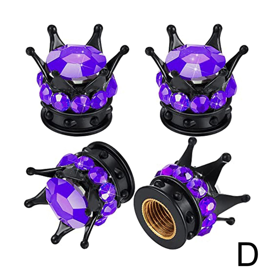 Bouchon de valve couronne noire sertie de strass violets, lot de 4