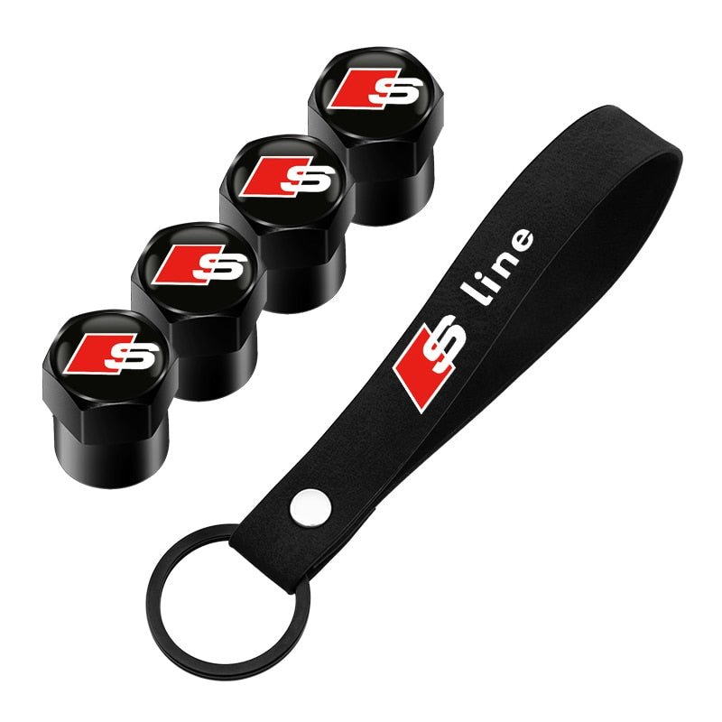 Bouchons de valve Audi S line noirs au logo S rouge, lot de 4 avec le porte-clés en sangle assorti