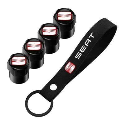 Bouchons de valve Seat noirs au logo rouge et blanc, lot de 4 avec le porte-clés en sangle assorti