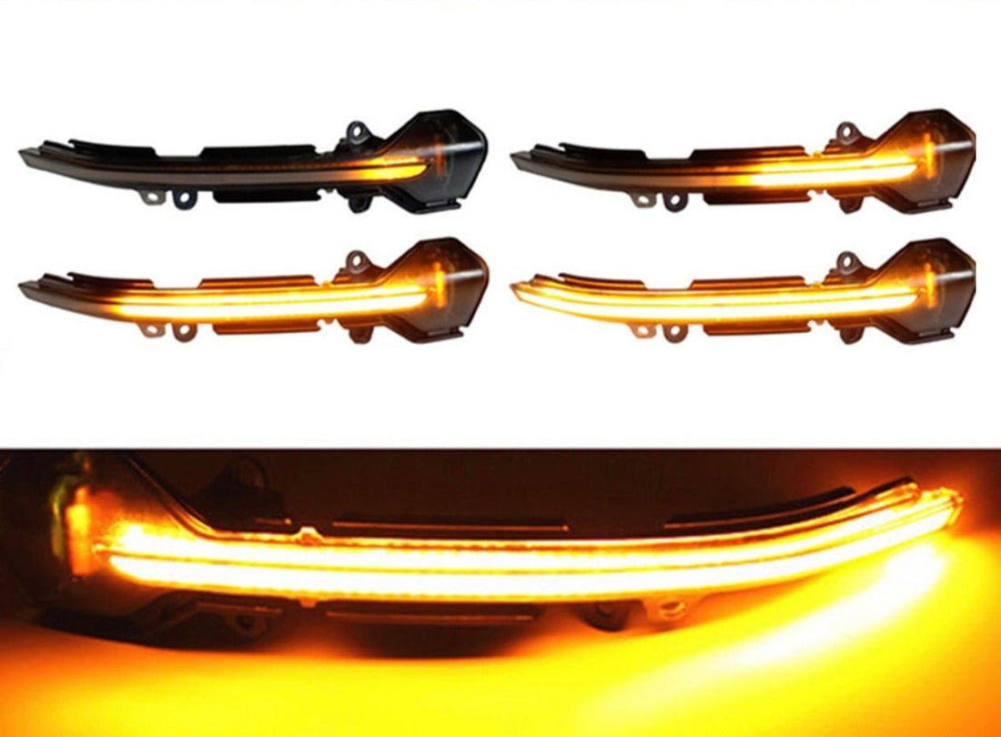Paire de clignotants dynamiques de rétroviseur Seat Leon 5F, étapes du balayage orange et gros plan sur le bandeau allumé