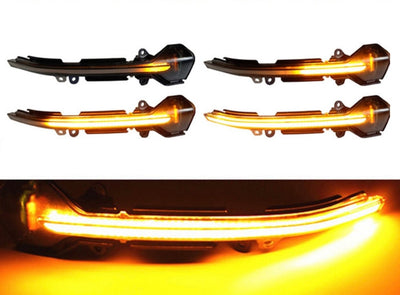 Paire de clignotants dynamiques de rétroviseur Seat Leon 5F, étapes du balayage orange et gros plan sur le bandeau allumé