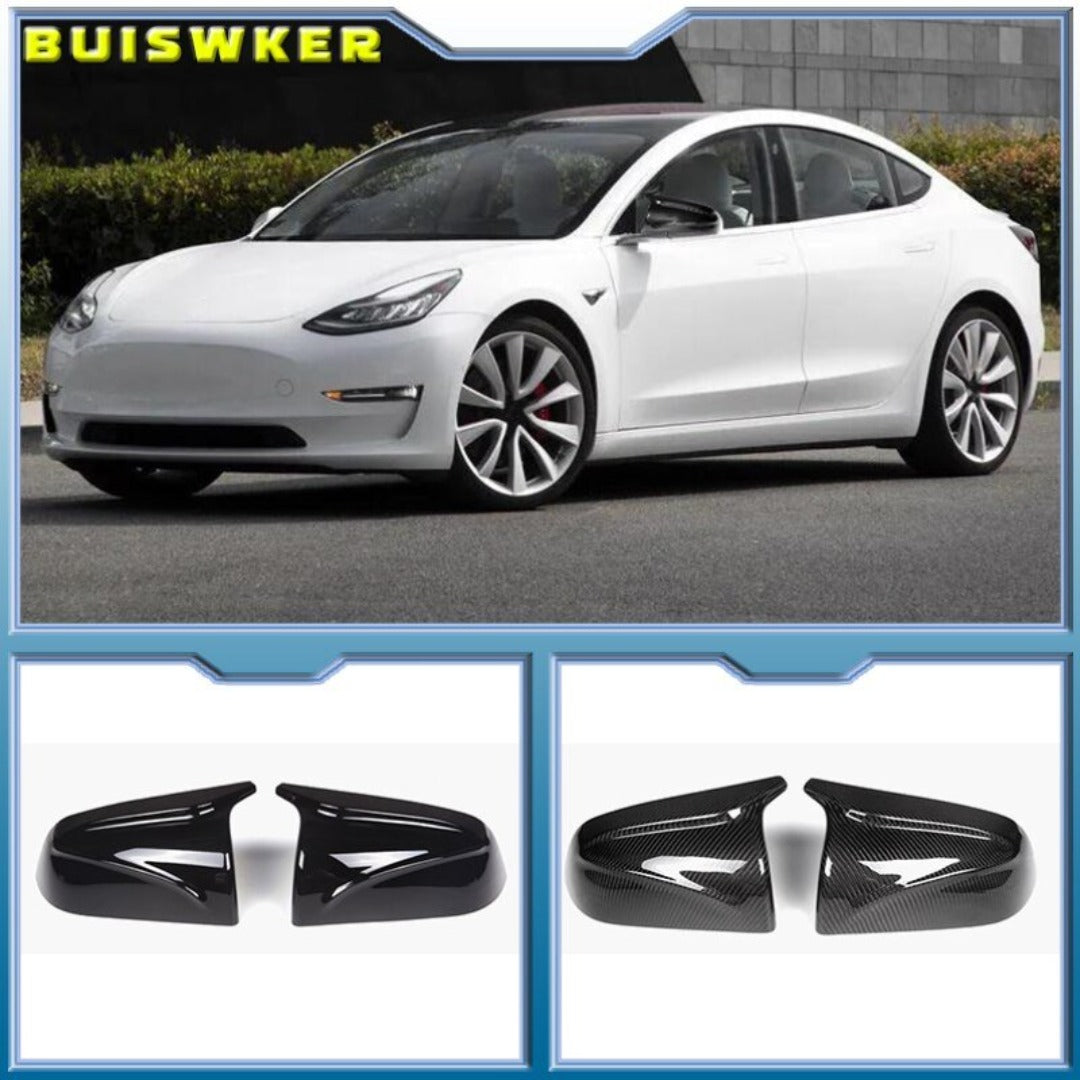 Coques de rétroviseur Tesla Model 3 en noir brillant et en carbone, avec une Model 3 blanche en fond