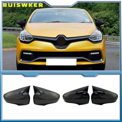 Coques de rétroviseur Renault Clio 4 en noir brillant et en carbone, présentées avec une Clio RS jaune