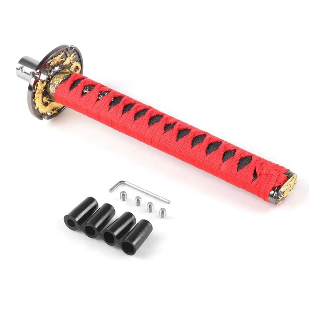 Pommeau de vitesse katana, de taille 26 cm, de couleur rouge et noir.