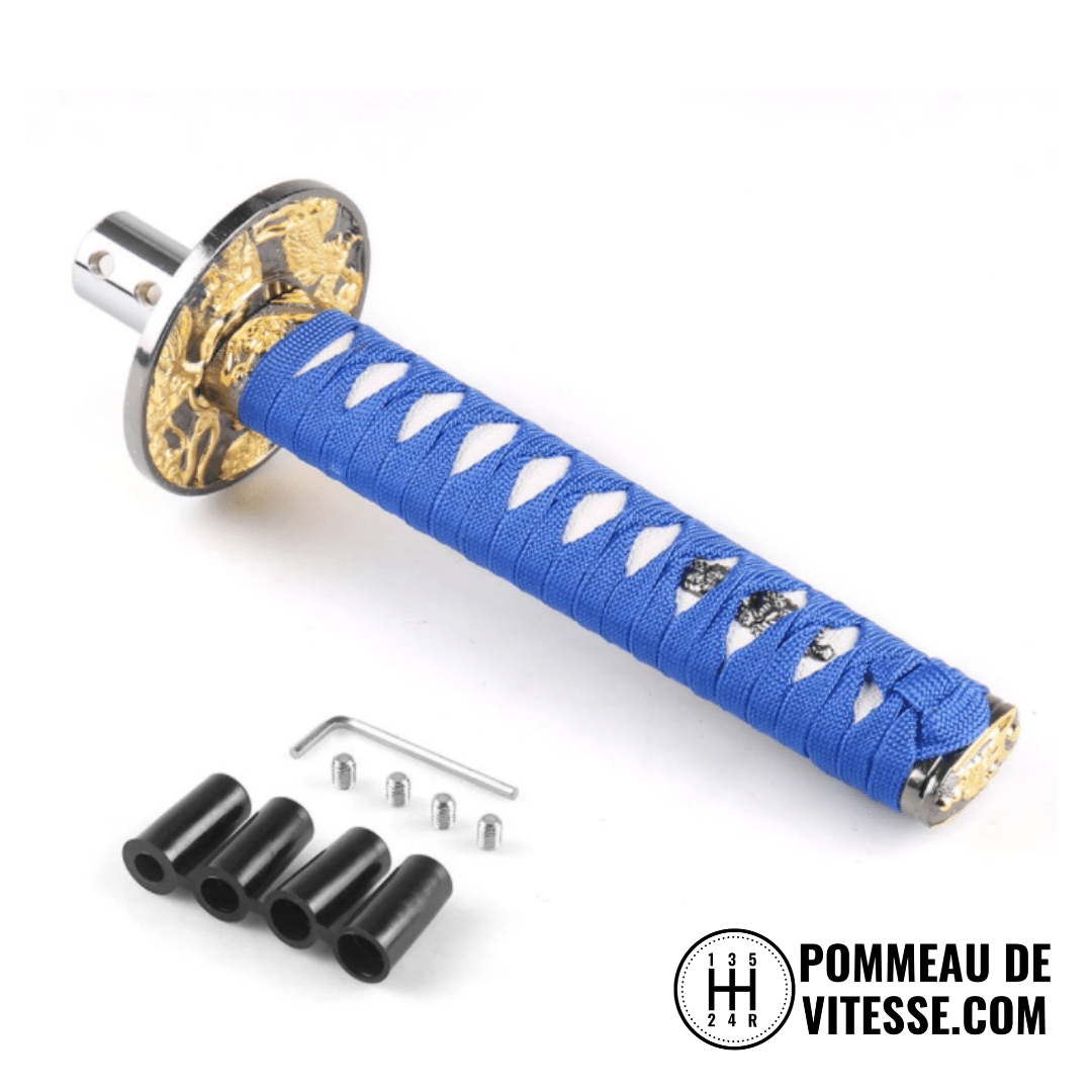 Pommeau de vitesse katana, de taille 20 cm, de couleur bleu.