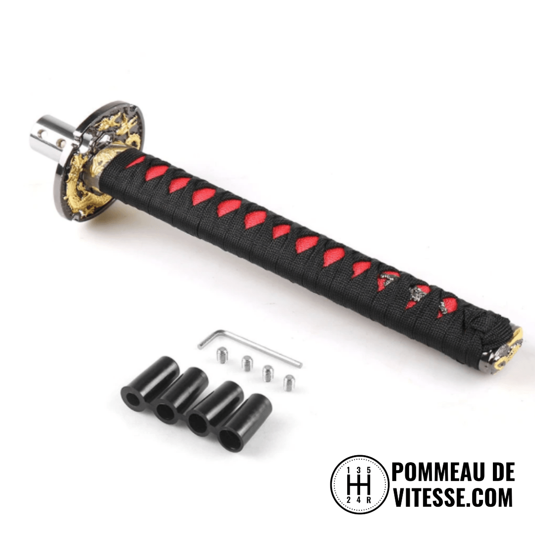 Pommeau de vitesse katana, de taille 20 cm, de couleur noir et rouge.