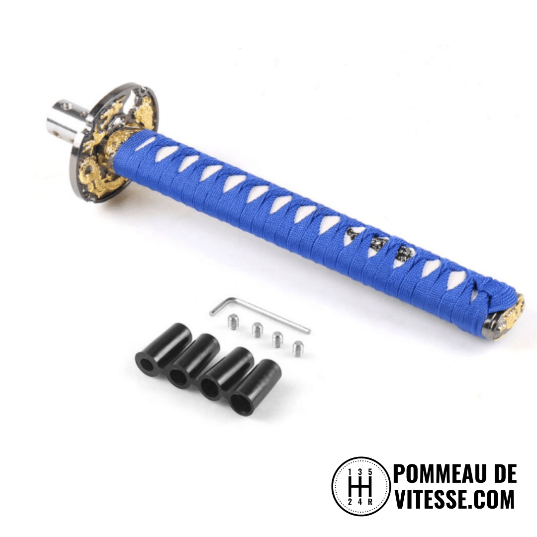 Pommeau de vitesse katana, de taille 26 cm, de couleur bleu.