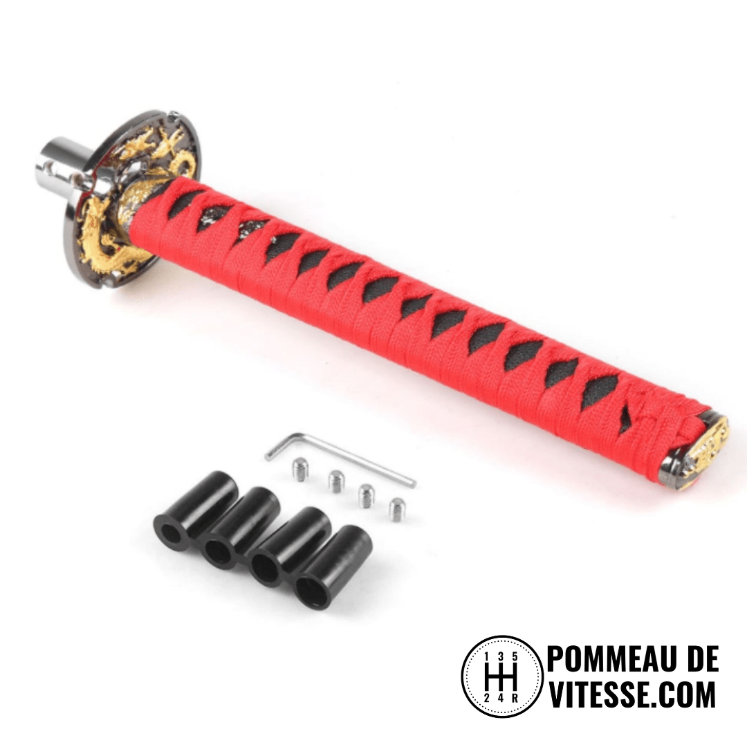 Pommeau de vitesse katana, de taille 20 cm, de couleur rouge et noir.