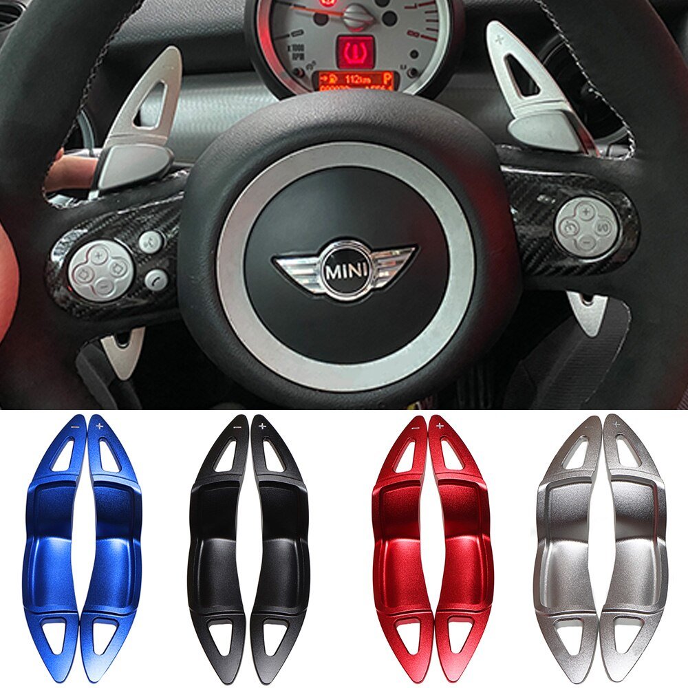 Palettes au volant Mini Roadster montées sur le volant, avec les quatre coloris disponibles en dessous