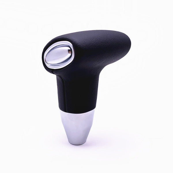 Pommeau de vitesse automatique en cuir noir grainé, bouton de déverrouillage chromé et pied argent