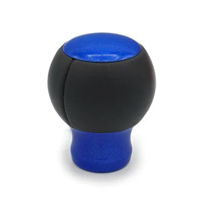 Pommeau de vitesse bleu gainé de cuir noir lisse, insert supérieur et embase bleus