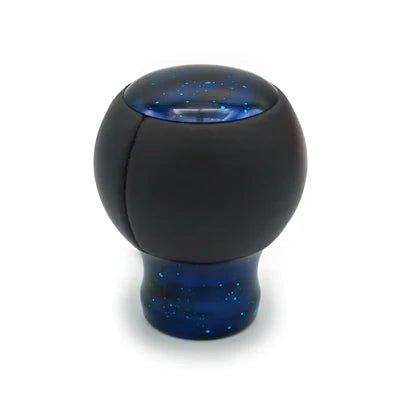 Pommeau de vitesse bleu étoilé gainé de cuir noir lisse, insert et embase bleu galaxie