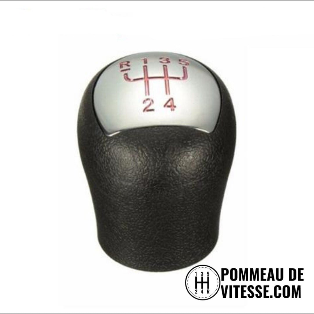 Pommeau de vitesse Renault Clio 2 noir grainé, pastille argentée à grille 5 vitesses rouge