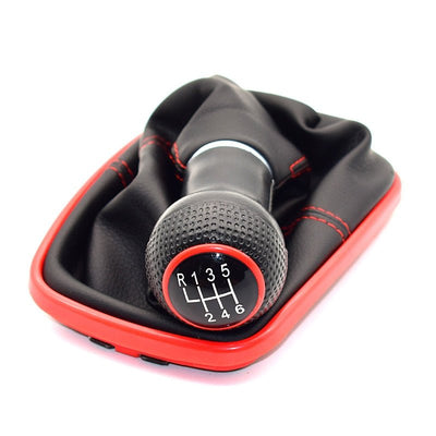 Pommeau de vitesse Golf 4 à collerette rouge et schéma cerclé de rouge, soufflet surpiqué rouge et entourage rouge
