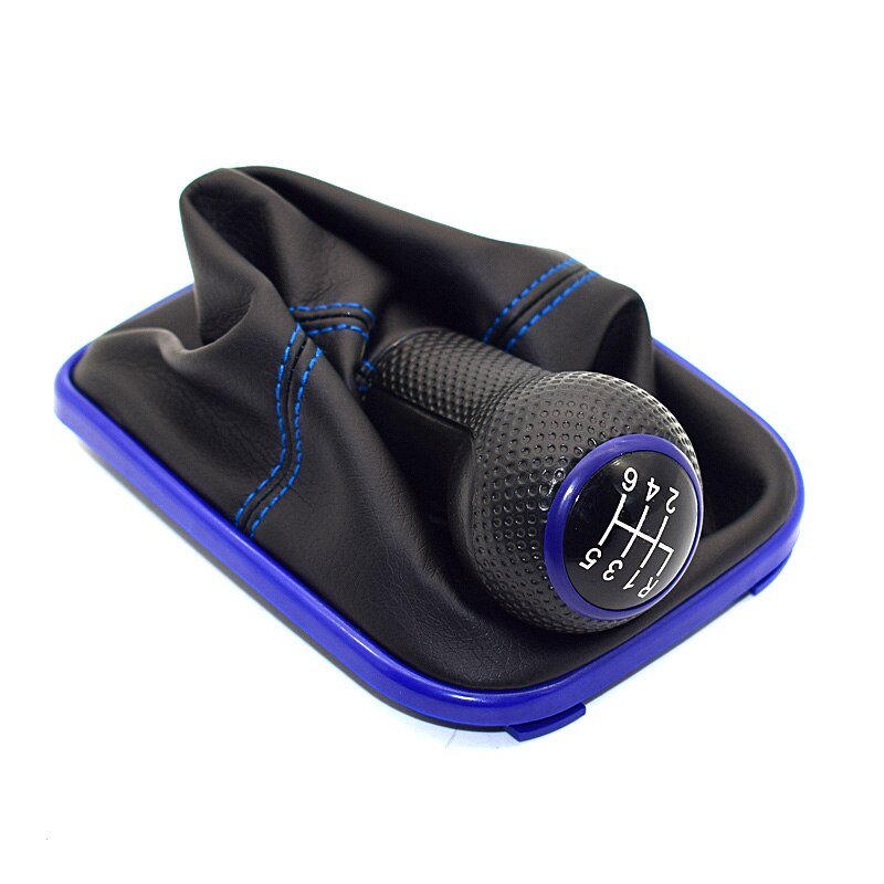 Pommeau de vitesse Golf 4 à collerette bleue, soufflet surpiqué bleu et entourage bleu