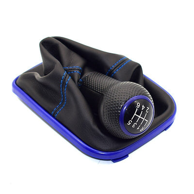 Pommeau de vitesse Golf 4 à collerette bleue, soufflet surpiqué bleu et entourage bleu